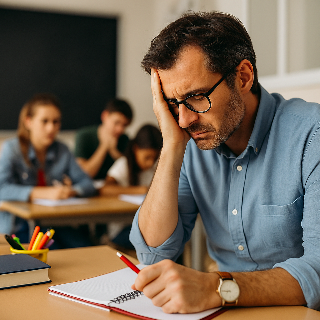 Docente agotado en el aula
